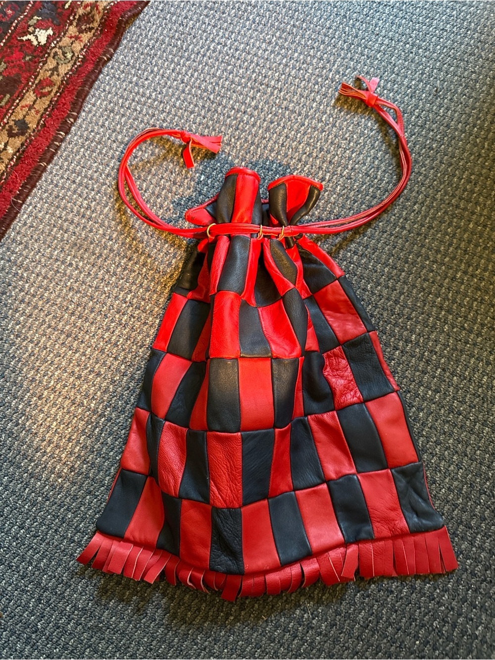 Vintage Red Black Leather Patchwork Fringe Drawstring Hobo Bag